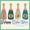 Illustration of four champagne bottles with the text 'Happy New Year 2026'.